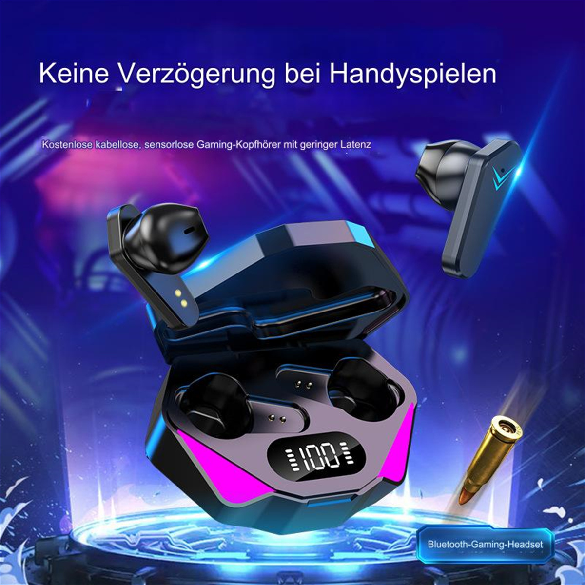 Schwarzes Gaming-Headset-Etui mit kabellosen Ohrhörern, Ladecase und einem kugelartigen Objekt.
