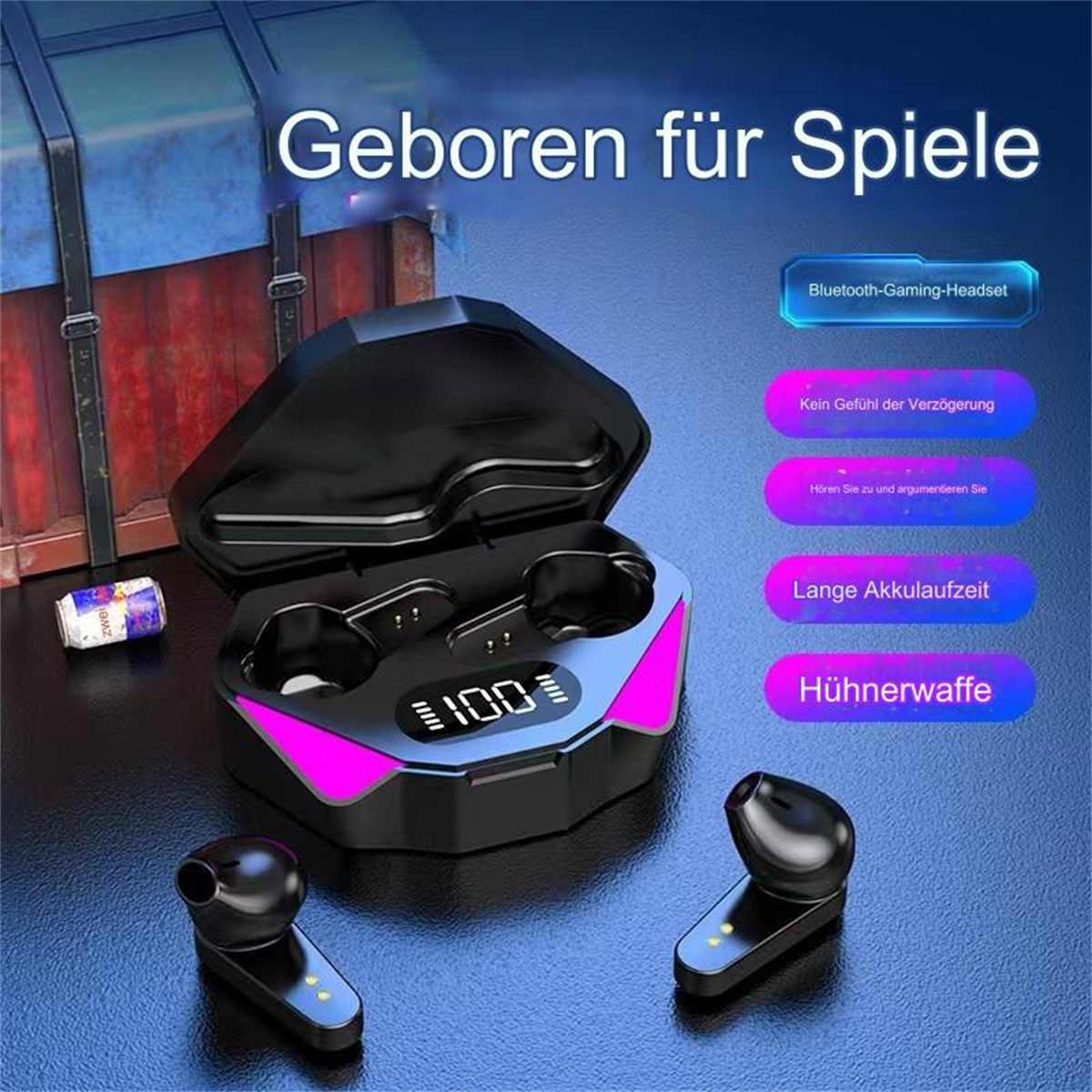 Gaming-Ohrhörer in einem Ladecase, Telefon mit Spiel, Red Bull-Dose auf dem Tisch.