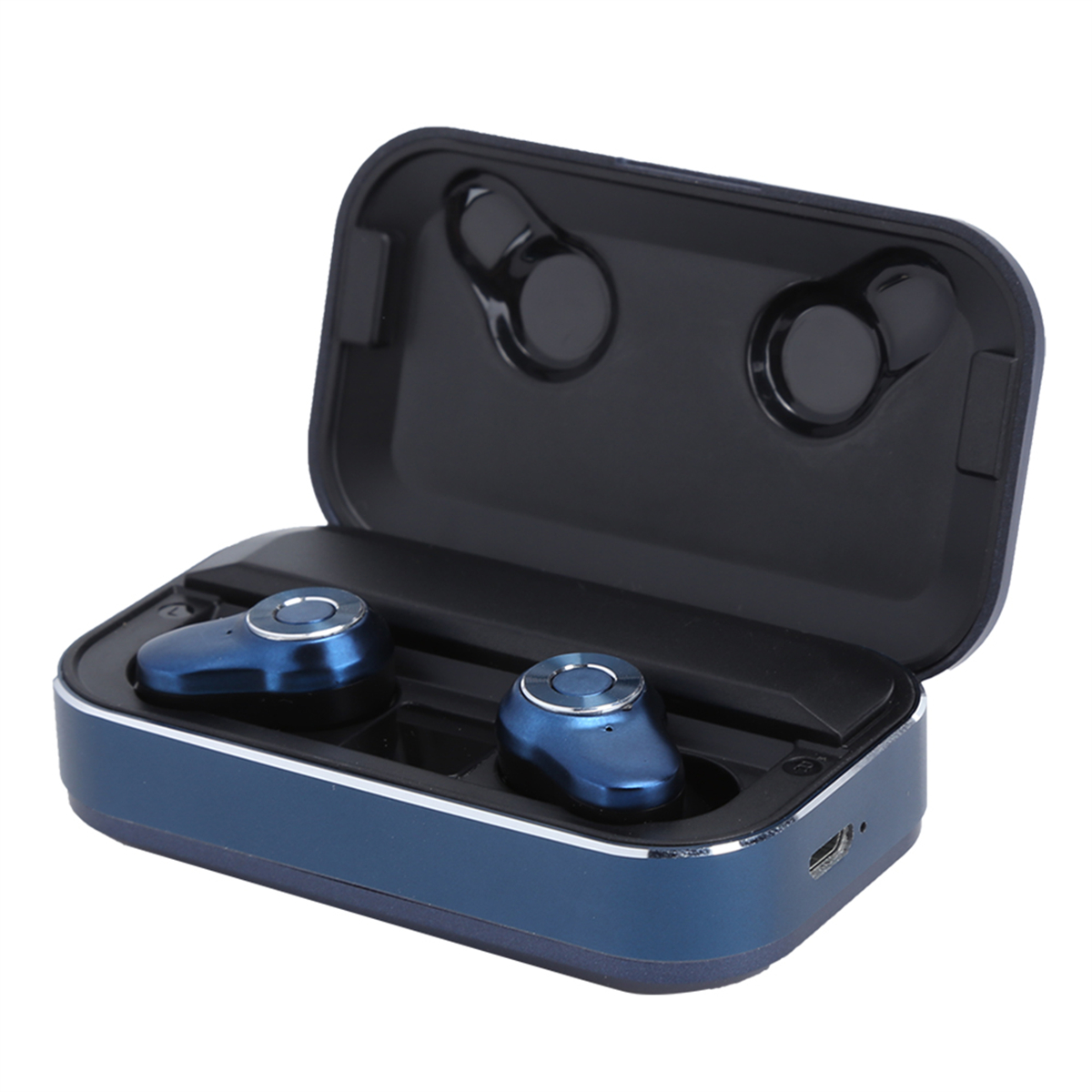 Blaue kabellose Ohrhörer in einem schwarzen Ladeetui.