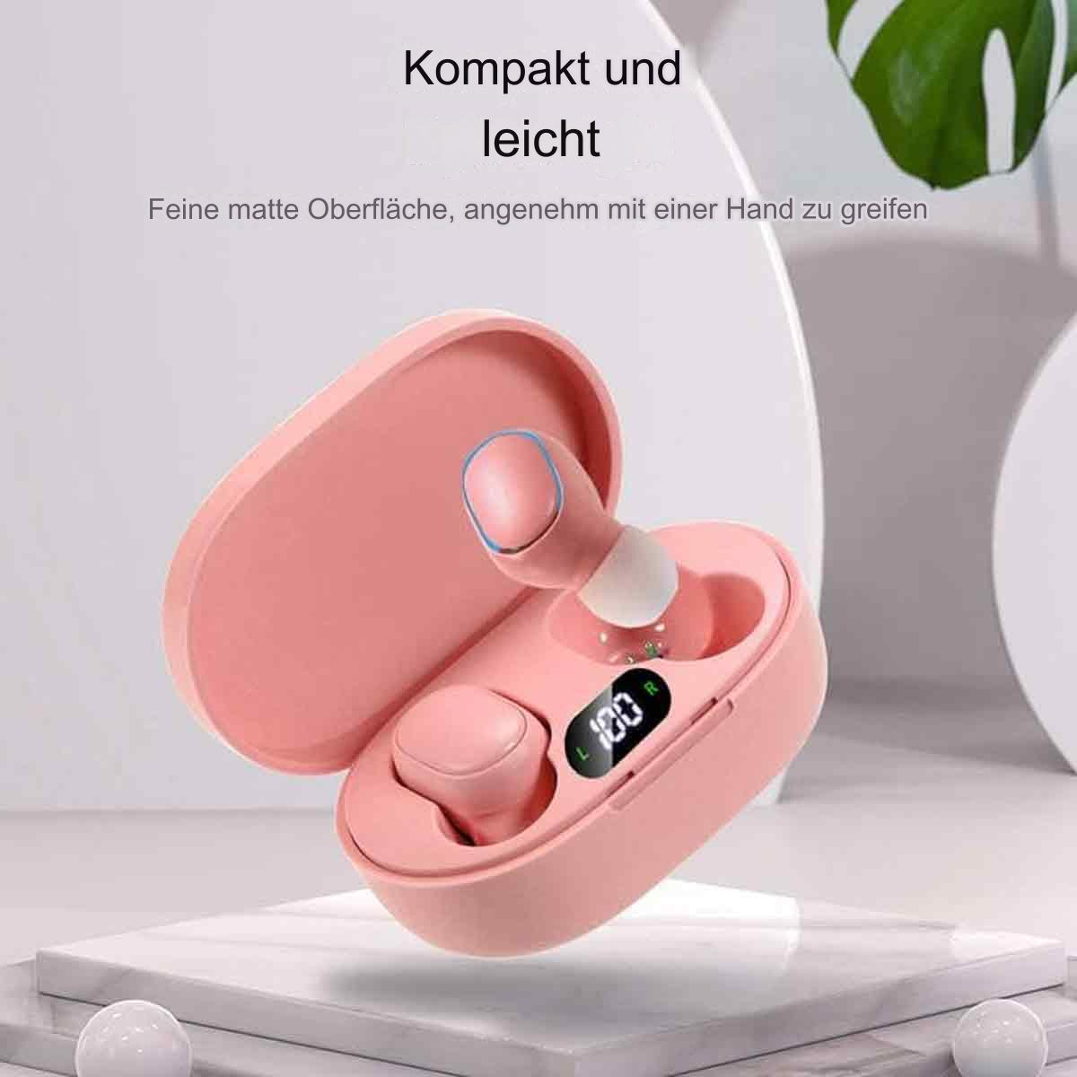 Rosa Ohrhörer in einem Etui. Etui ist offen. Text über das Produkt. Weißer Hintergrund.