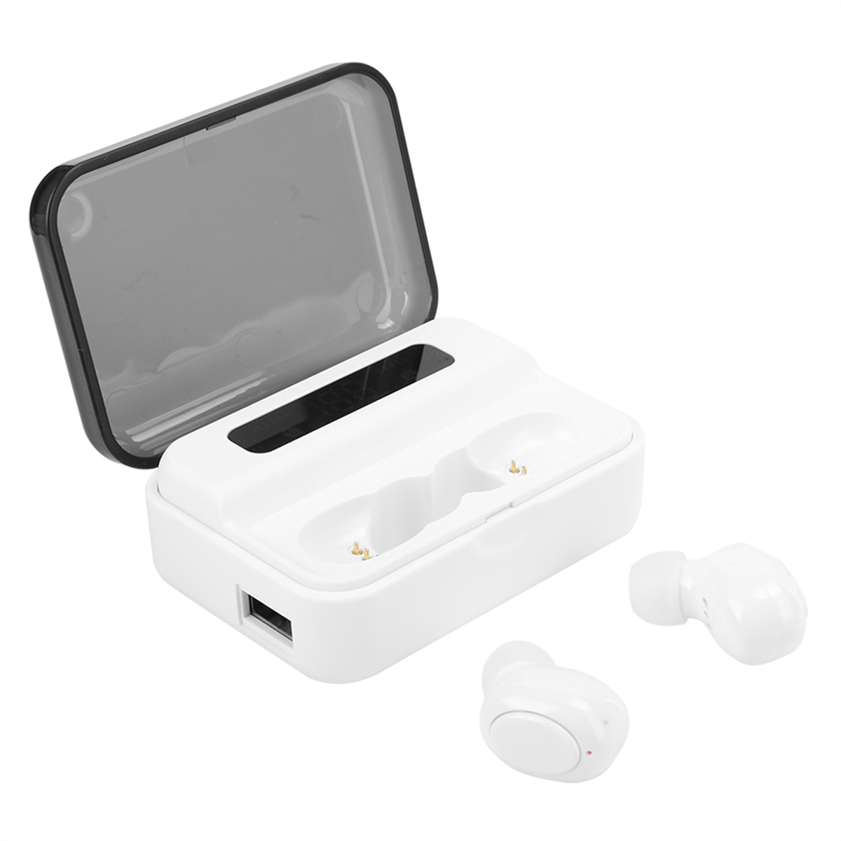 Weißes Ladecase mit transparentem Deckel und zwei weißen Ohrhörern. Ein USB-Anschluss ist sichtbar.