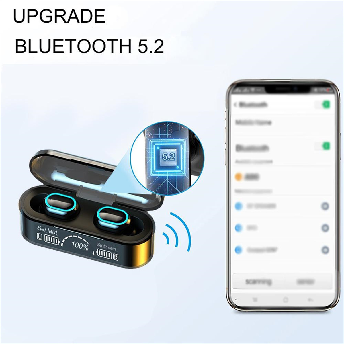 Ohrhörer in einem Ladecase und ein Smartphone. Das Case zeigt '100%'. Bluetooth 5.2.