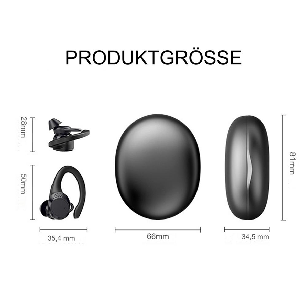 Verschiedene Ohrhörer-Teile mit Maßen. Das Gesamtprodukt ist schwarz. Der Hintergrund ist weiß.