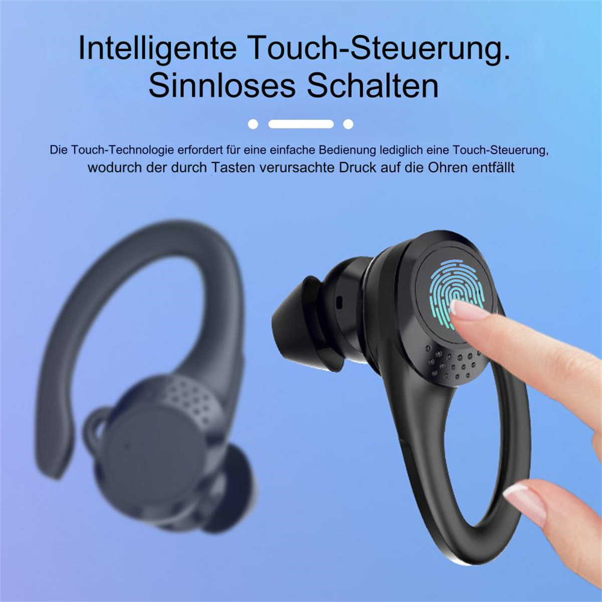 Schwarze Ohrhörer mit einem Finger, der eine Touch-Steuerung berührt.