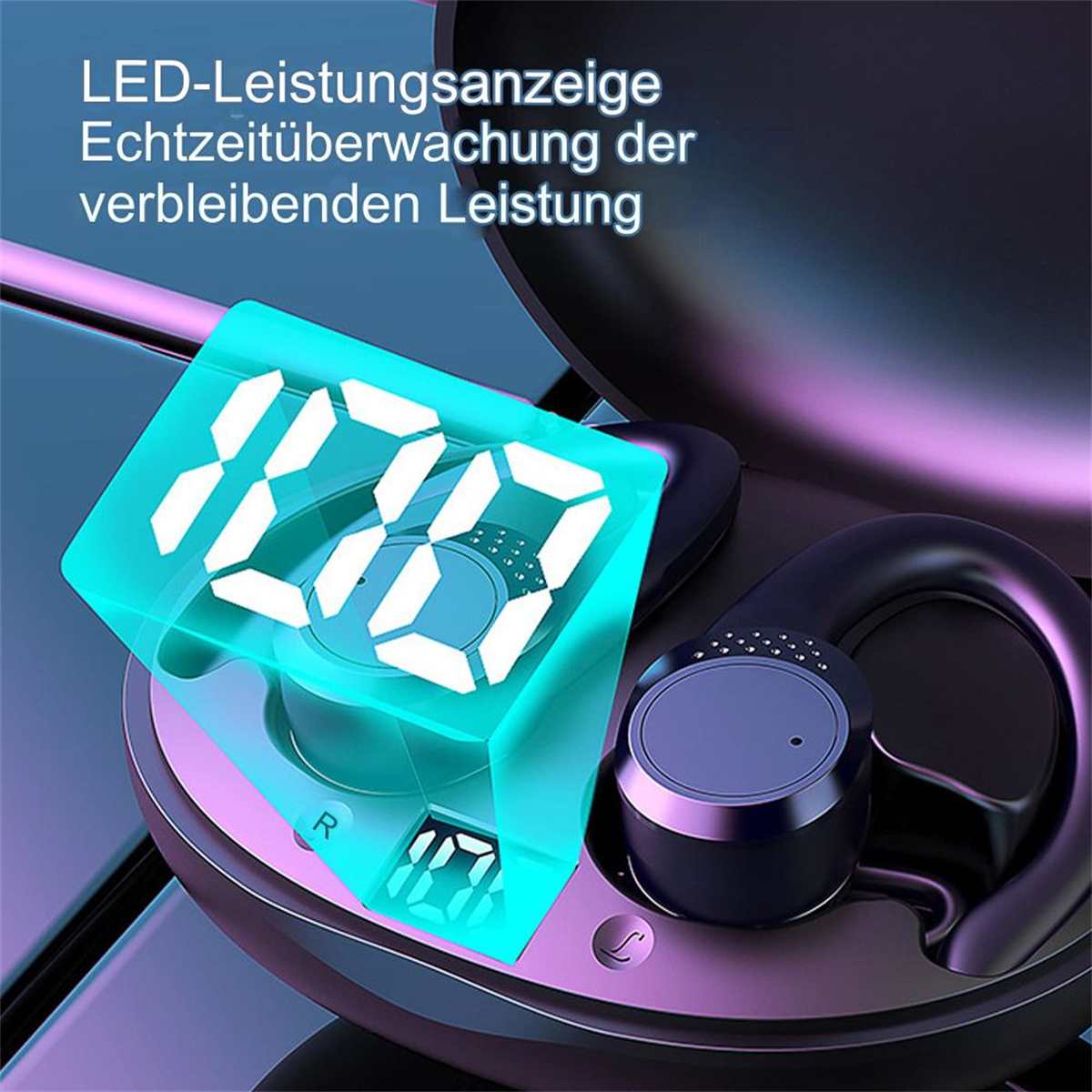 Ein Paar kabellose Ohrhörer mit Bildschirm, der 100 zeigt. Der Ohrhörer ist lila-schwarz. Der Bildschirm hat einen blauen Rand.