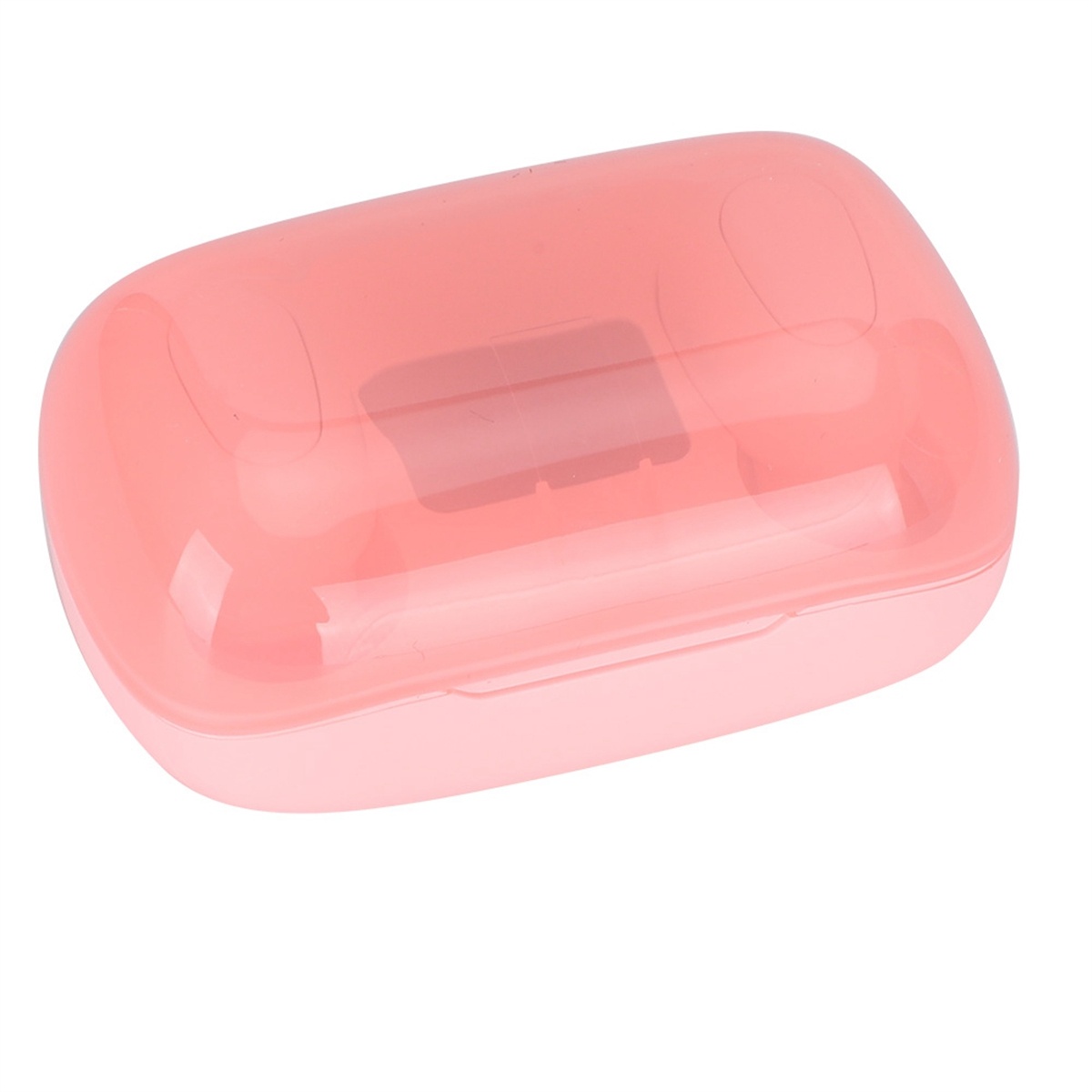 Rosa Seifenschale mit transparentem Deckel, auf weißem Hintergrund.