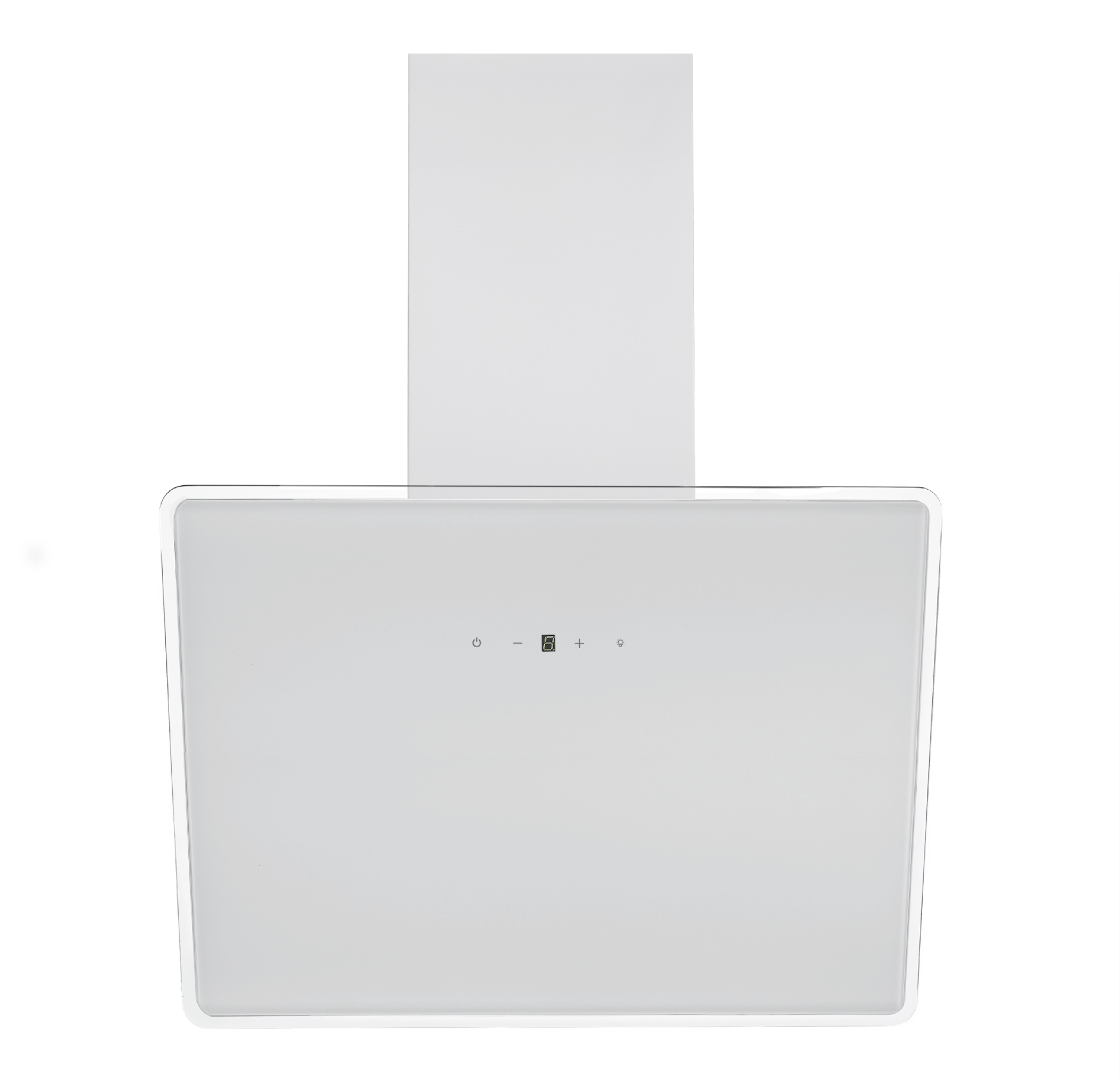 Weiße Küchenhaube mit Glasfront, drei Touch-Bedienelemente. Sauberes, modernes Design.