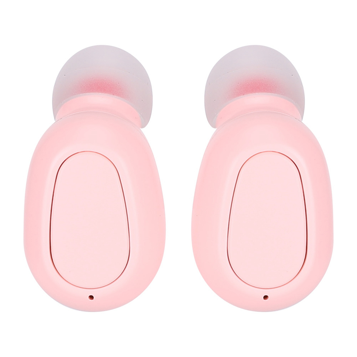 Zwei rosa, oval geformte Ohrhörer mit hellrosa Spitzen.