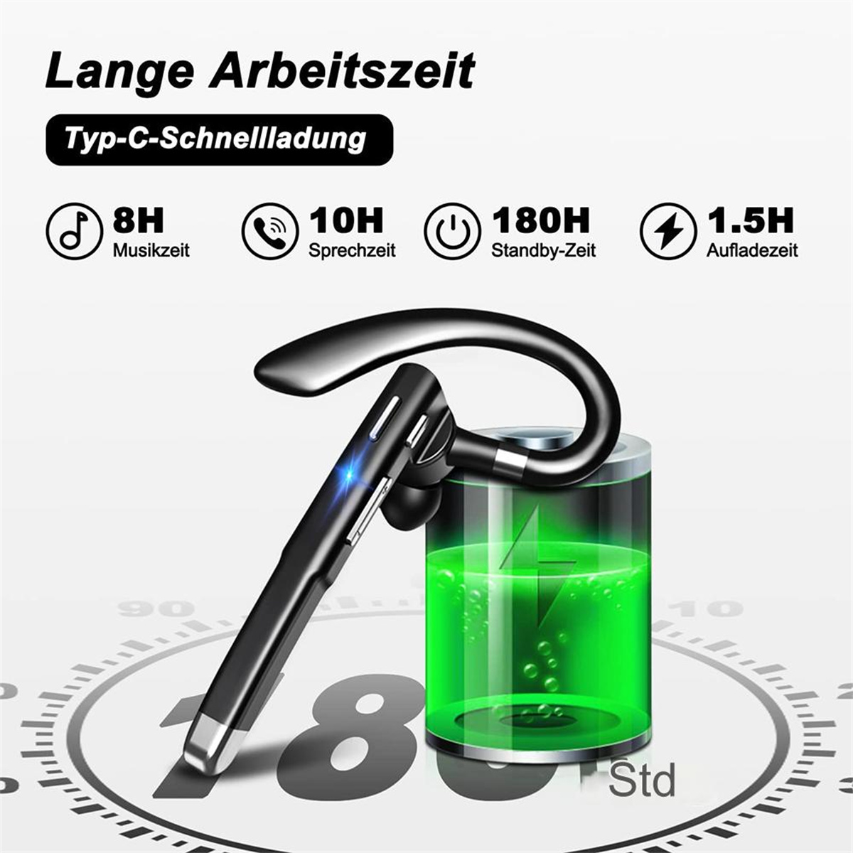 Ein schwarzes Headset mit langer Akkulaufzeit, Ladezeit und Musikzeit.