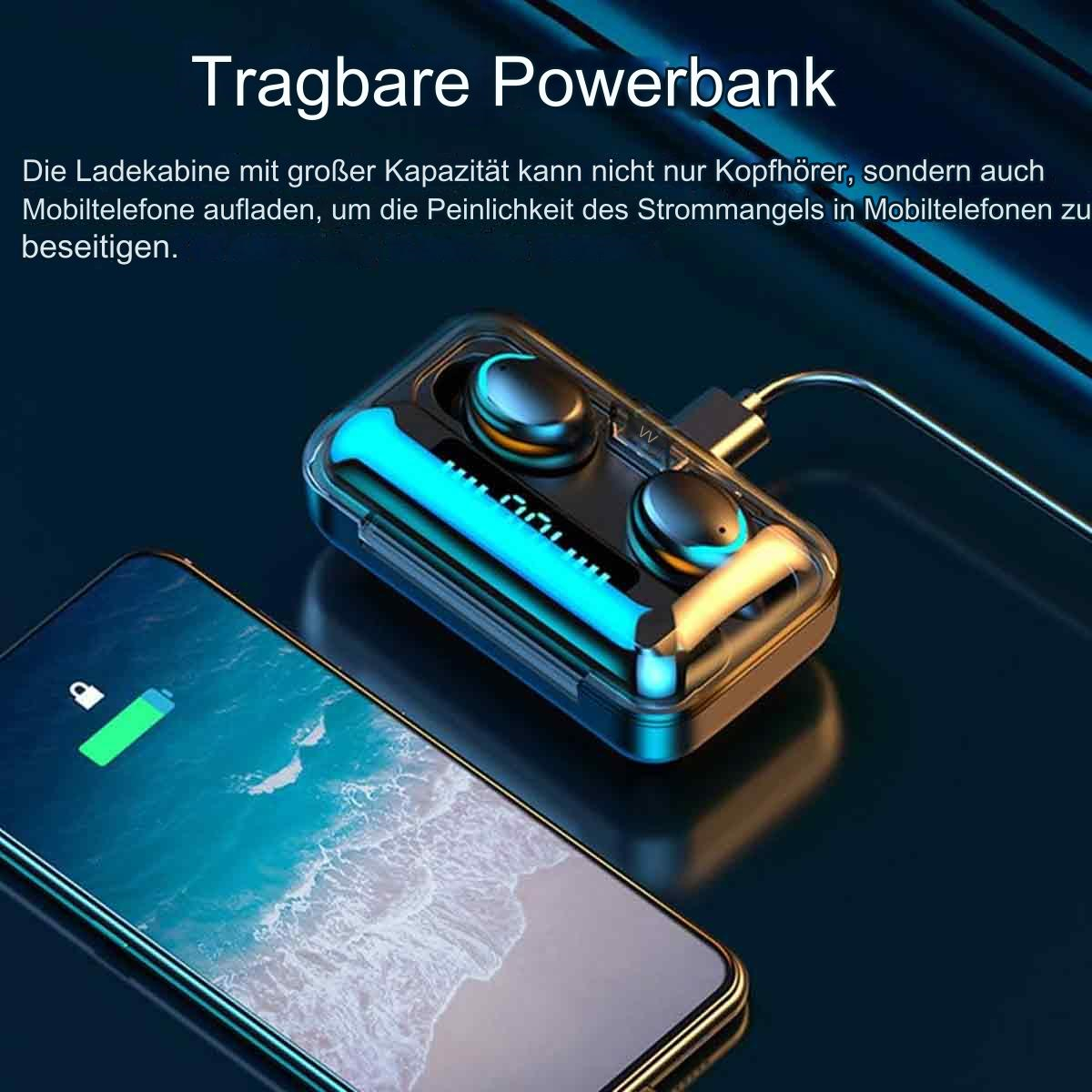 Ohrhörer in einem Ladekoffer, der mit einem Telefon verbunden ist, das aufgeladen wird.