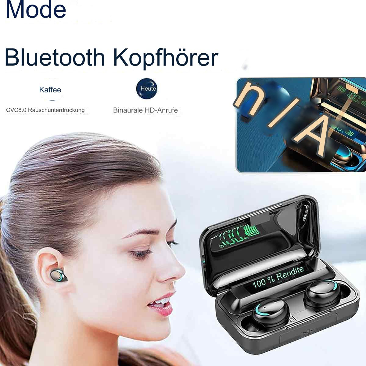 Frau mit Ohrhörern und einem Ladecase mit Display.