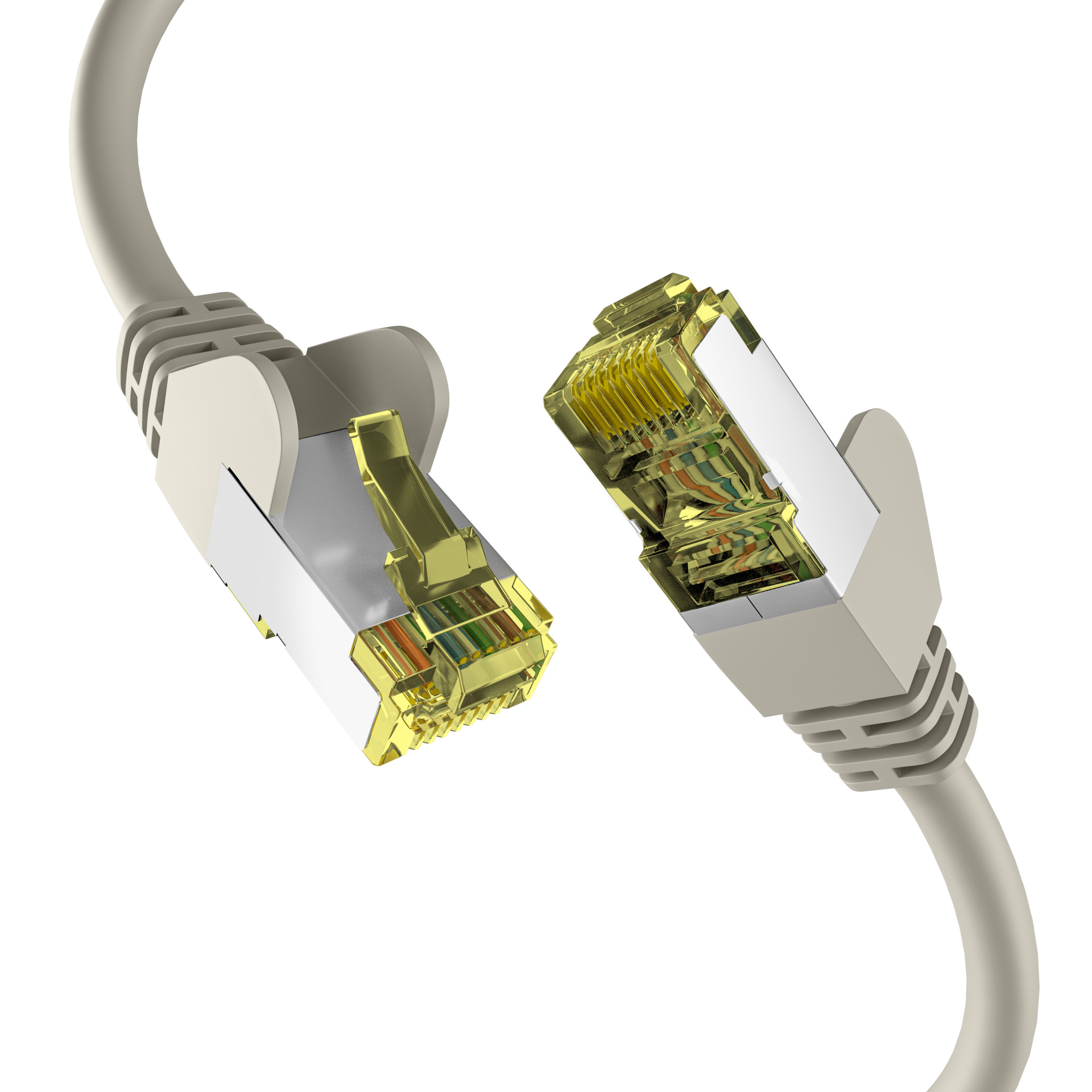 Zwei graue Ethernet-Kabel mit Steckern an jedem Ende. Die Stecker sind silber und gold.