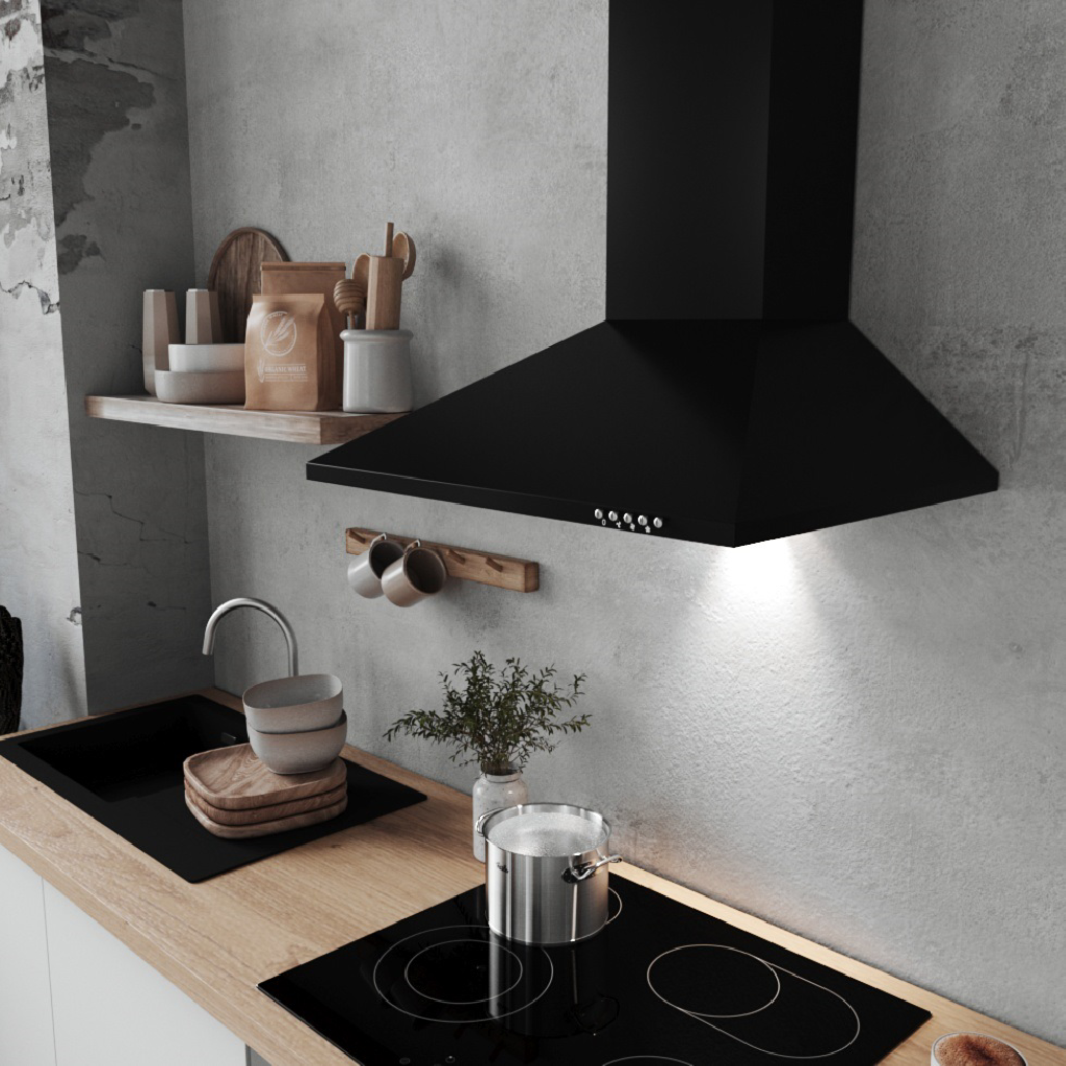 Keuken met een zwarte afzuigkap, houten aanrecht, gootsteen en een pan op het fornuis.