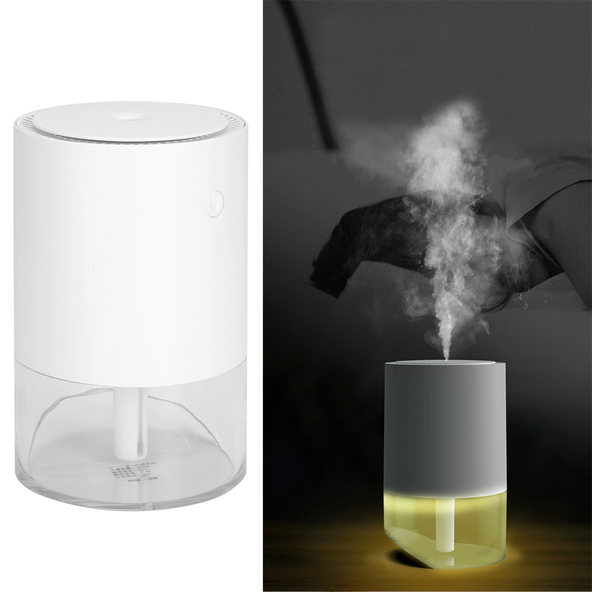 Weißer Luftbefeuchter mit transparentem Wassertank. Dampf sichtbar. Im Hintergrund, dunkles Interieur.