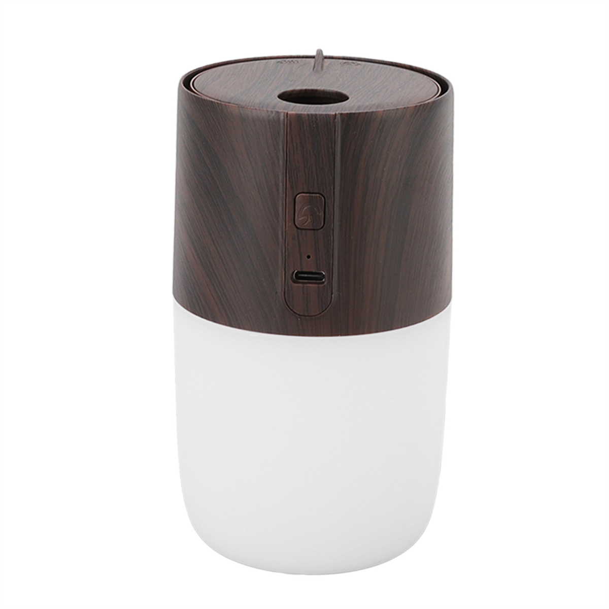 Brauner und weißer Diffusor. Hat eine Holzmaserungsoberseite und einen USB-Anschluss.