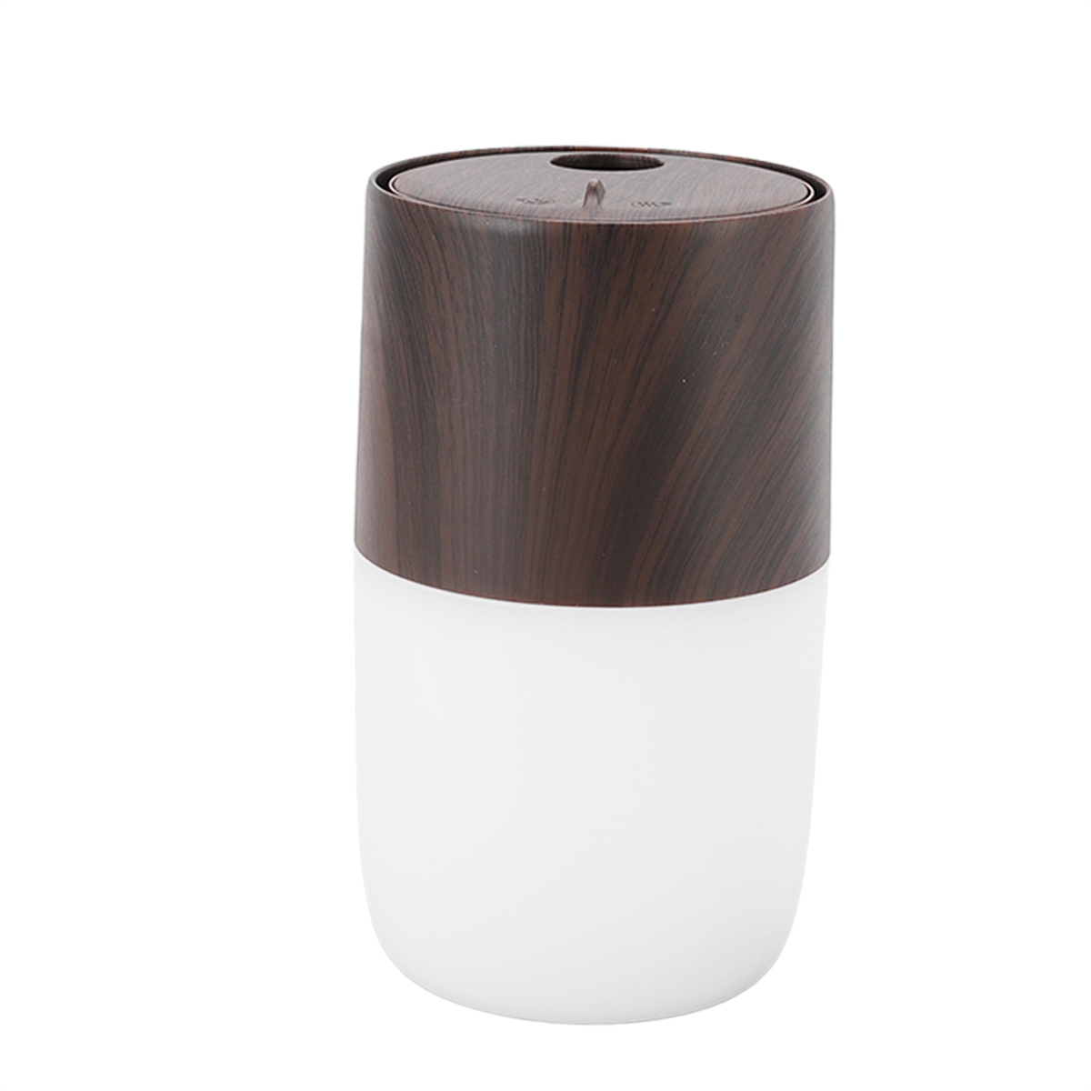 Ein Luftbefeuchter in Holzoptik. Weiße Basis, braune Oberseite. Einfaches Design. Weißer Hintergrund.