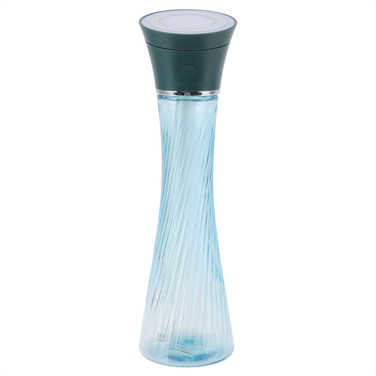 Blaue und klare Glasflasche mit grünem Deckel. Oben ist ein Licht. Die Flasche hat eine wellenförmige Textur.