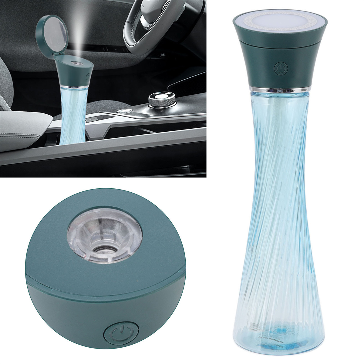 Türkisfarbener Auto-Lufterfrischer mit Licht und Ein-Aus-Taste und einer blauen, wirbelnden Flüssigkeit im Inneren.