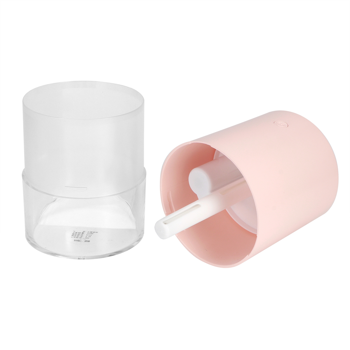 Zwei Behälter. Einer ist ein klarer Zylinder, der andere rosa mit einem weißen Rohr. Beide sind leer.