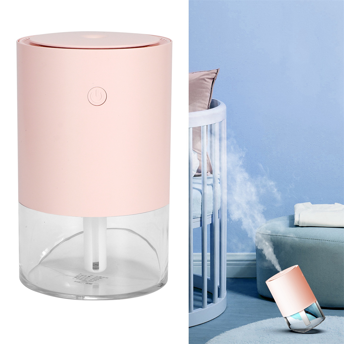 Rosa Luftbefeuchter mit Wassertank und Nebelausgang, und ein kleineres Gerät mit Nebel.