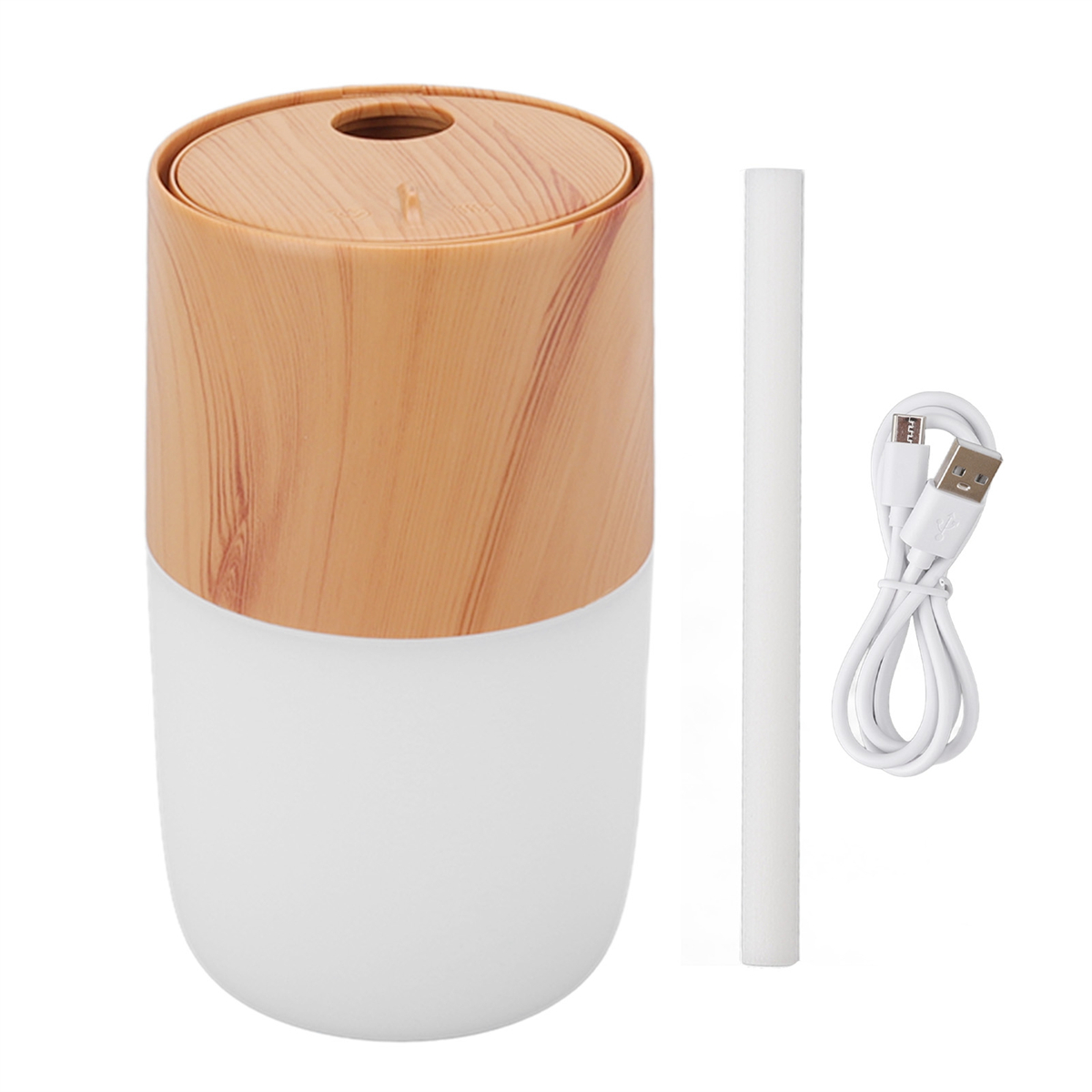 Ein weißer und holzfarbener Luftbefeuchter mit einem Stift und einem USB-Kabel.