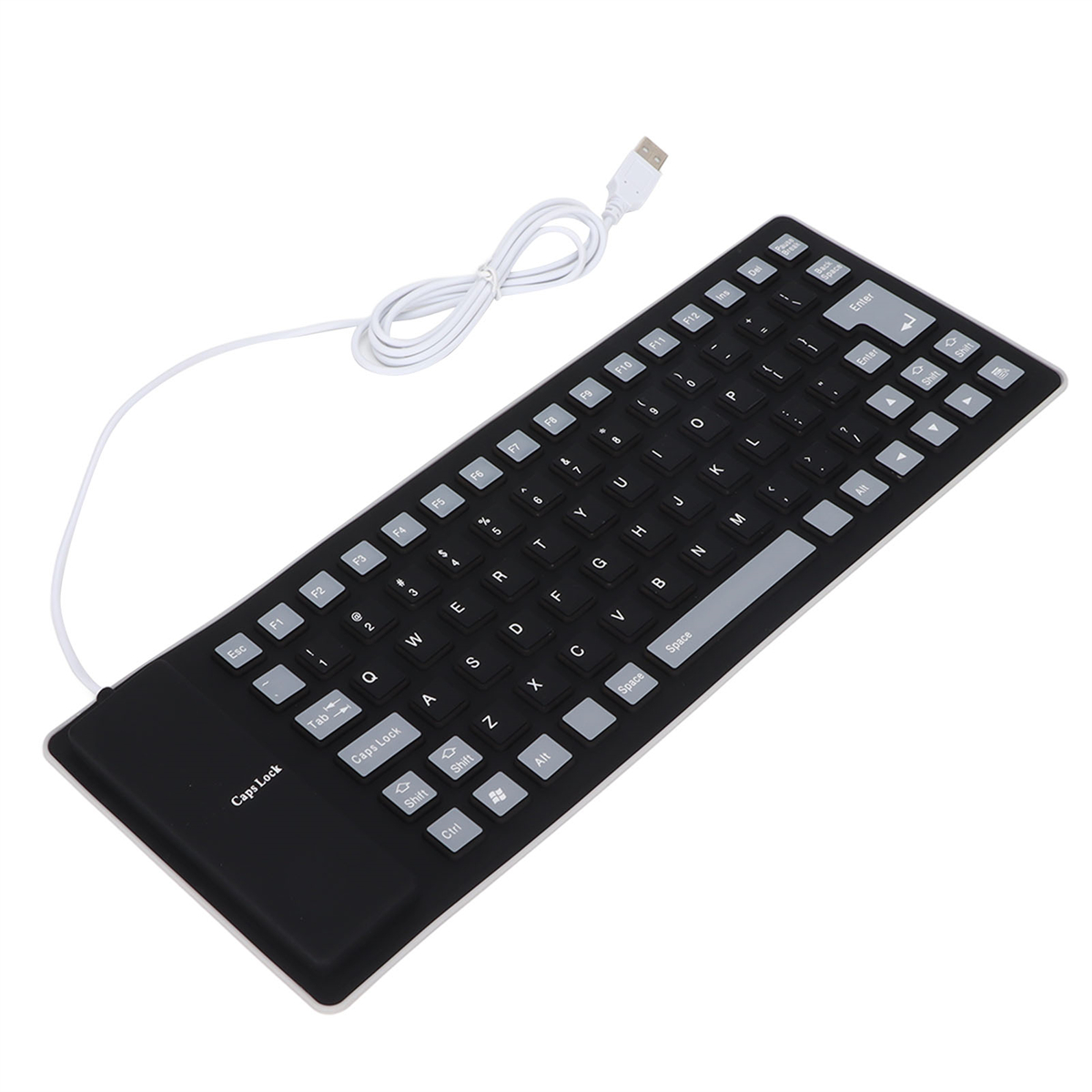Eine schwarze, flexible Tastatur mit weißen Tasten und einem USB-Kabel.