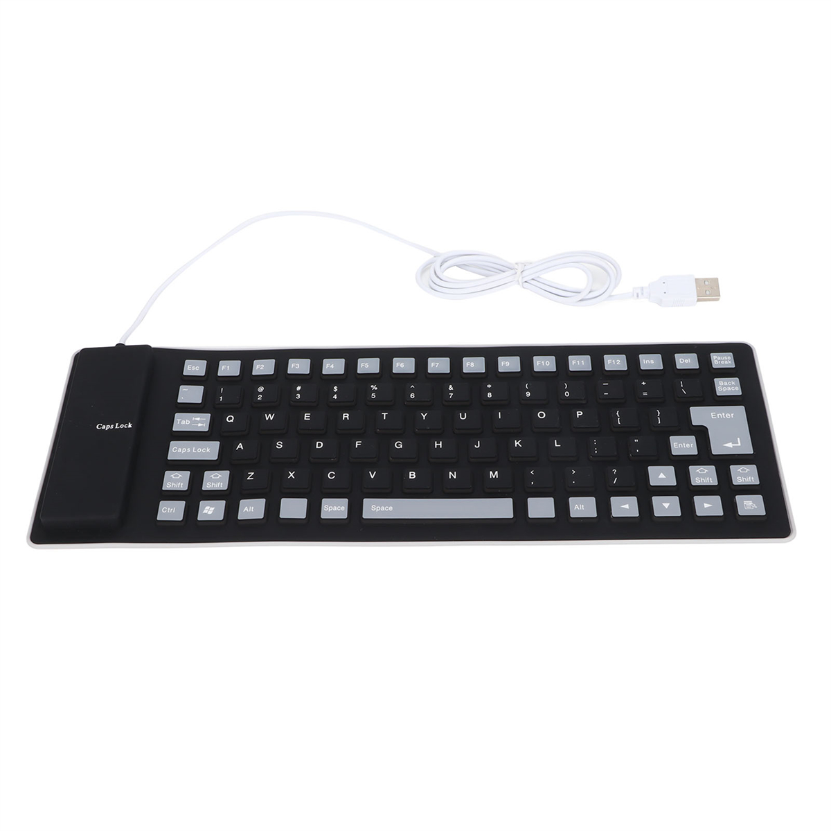 Schwarze USB-Tastatur. Weißes Kabel befestigt. Die Tasten sind schwarz mit weißen Buchstaben. Feststelltaste in der Ecke.
