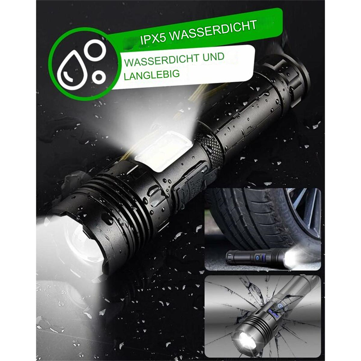 Eine schwarze Taschenlampe mit hellem Licht. Text besagt, dass sie wasserdicht und langlebig ist. Zusätzliche Bilder sind enthalten.