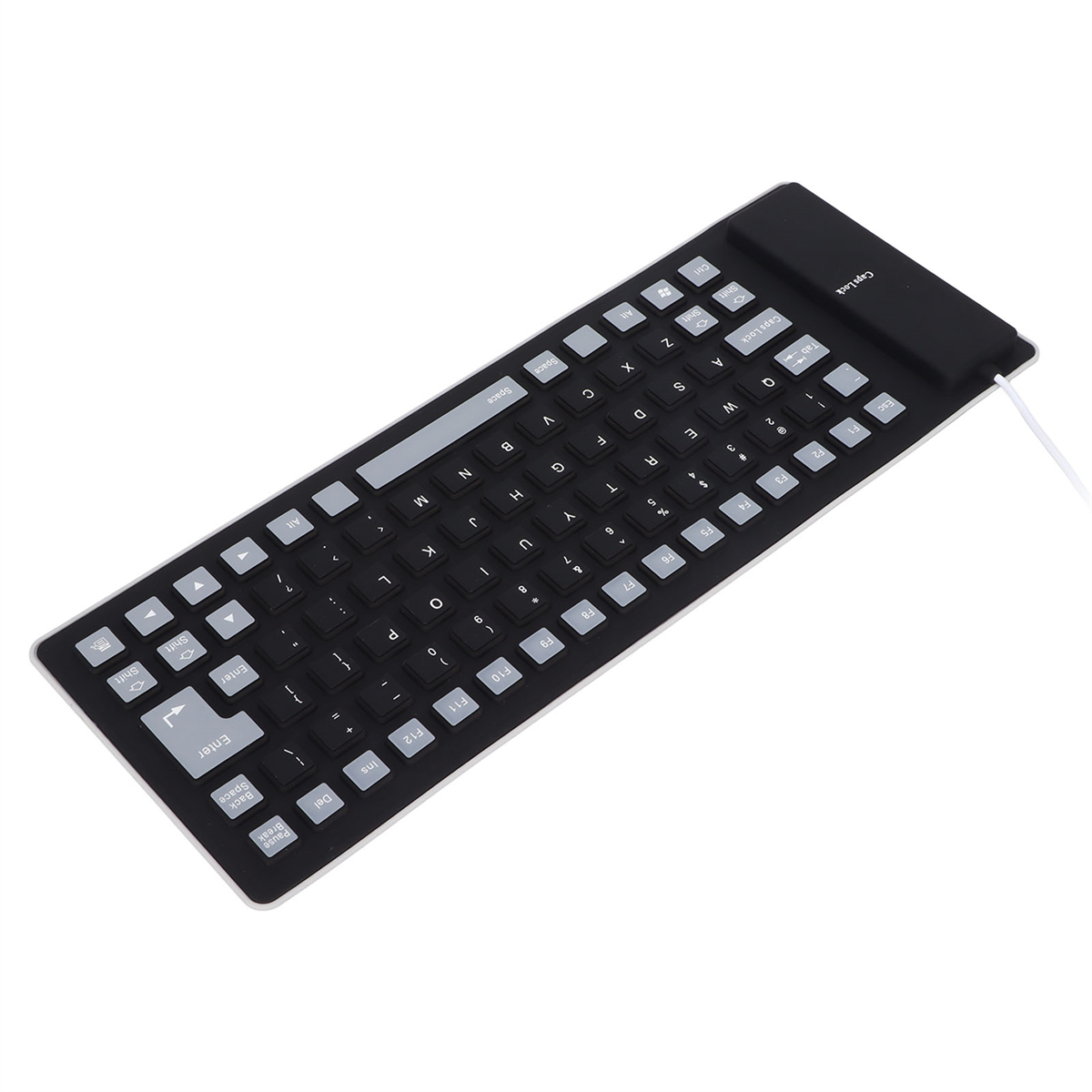 Schwarze flexible Tastatur. Tasten und weiße Buchstaben sichtbar. Weißer Hintergrund.