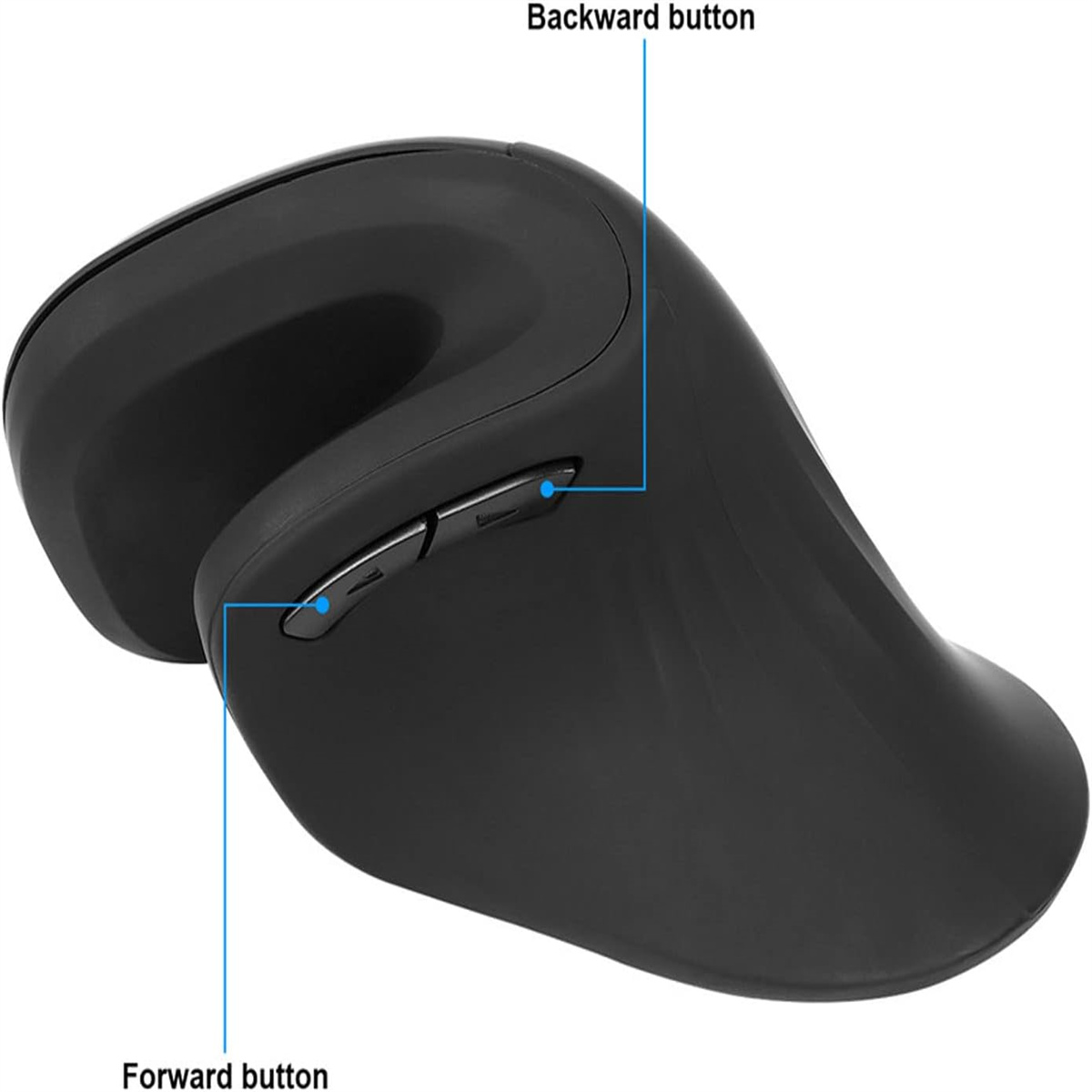 Schwarze ergonomische Maus mit Vorwärts- und Rückwärtstasten. Geschwungene Form.