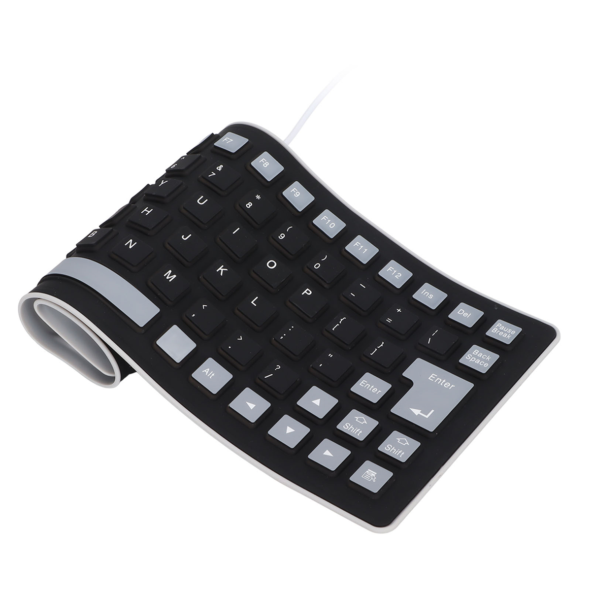 Schwarze, flexible Tastatur mit weißen Tasten und grauem Rand. Sie ist gerollt.