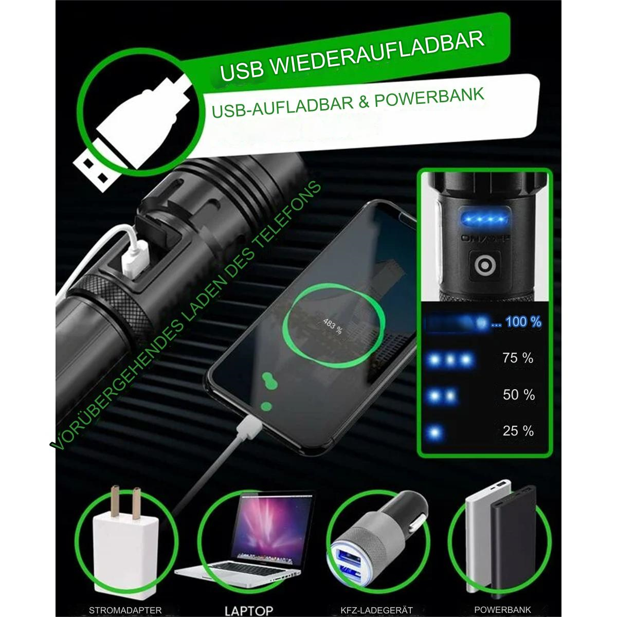 Schwarze Taschenlampe lädt Telefon über USB-Kabel. Zeigt Akkuladestand und Ladeanschlüsse.