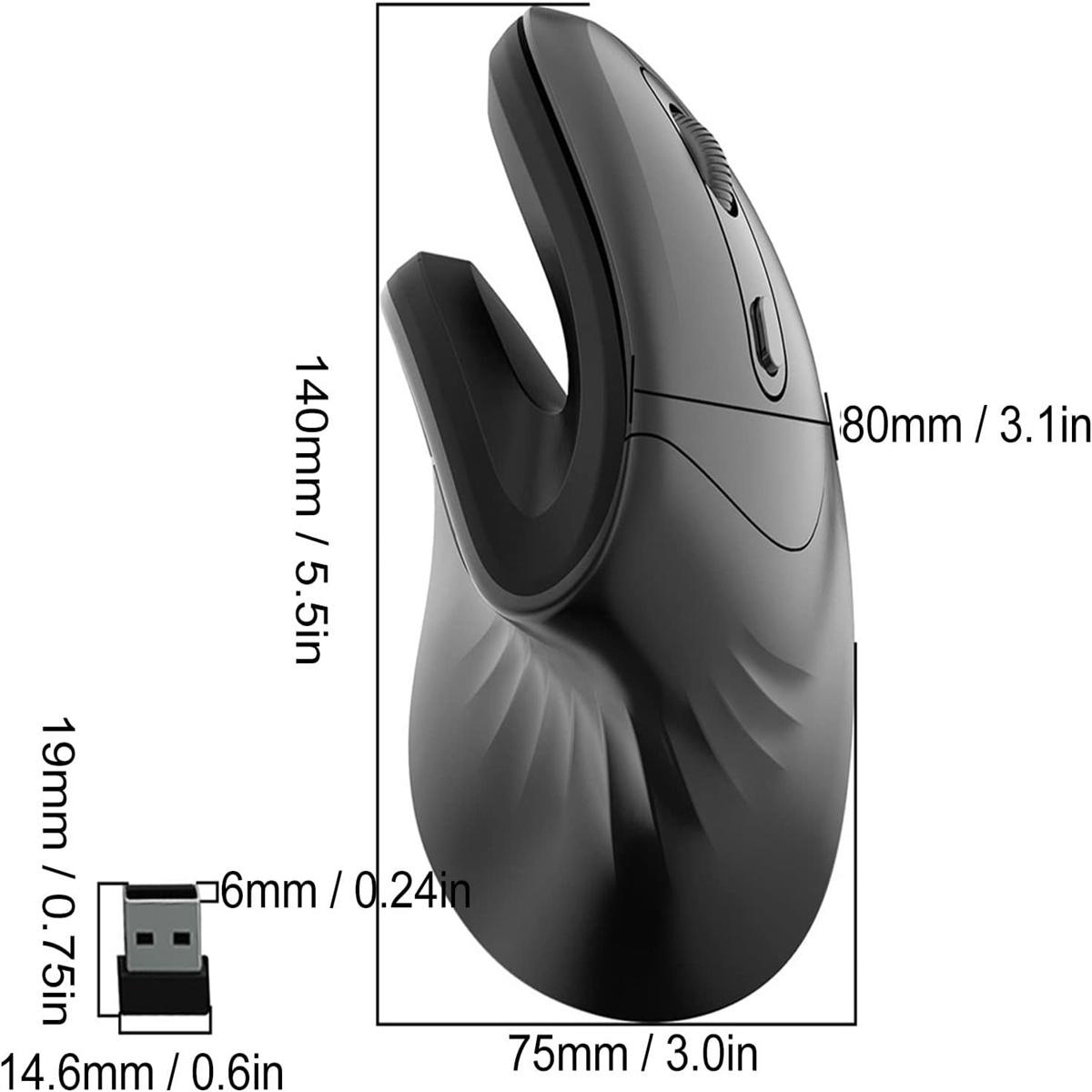 Schwarze ergonomische Maus mit Maßangaben.