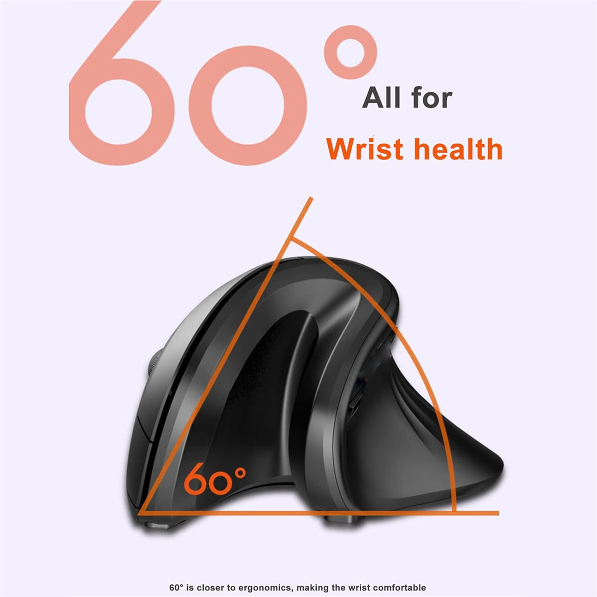 Schwarze ergonomische Maus mit 60-Grad-Winkel, für die Gesundheit des Handgelenks konzipiert, vor hellem Hintergrund.