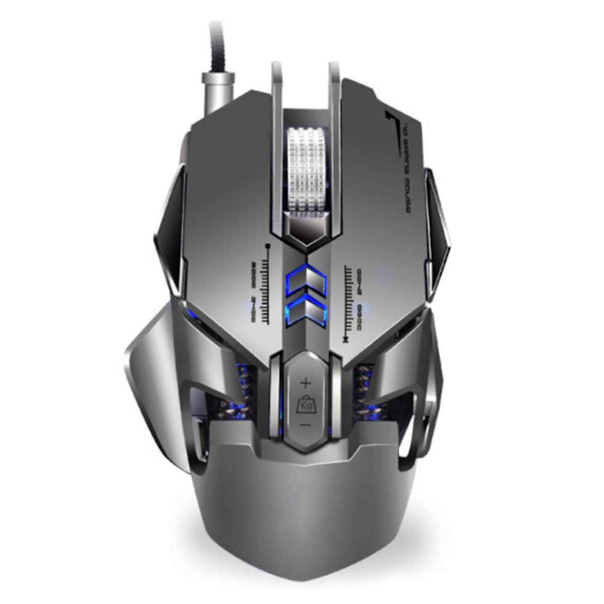 Eine silberne und schwarze Gaming-Maus mit mehreren Tasten und Beleuchtungsdetails.