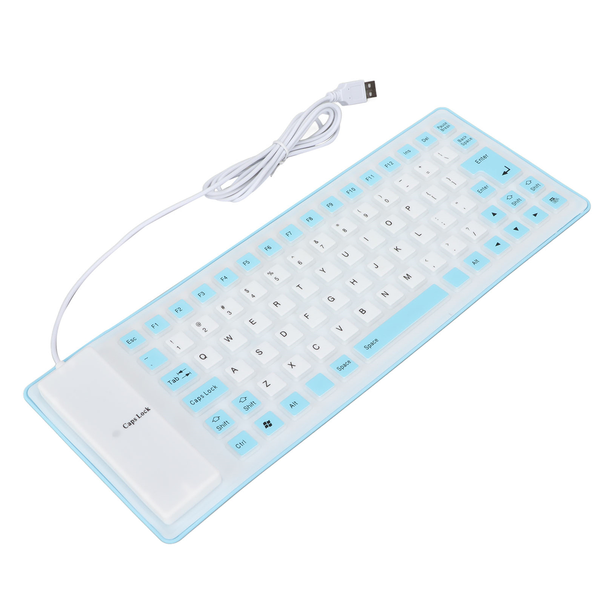 Eine flexible, weiß-blaue Tastatur mit einem USB-Kabel.