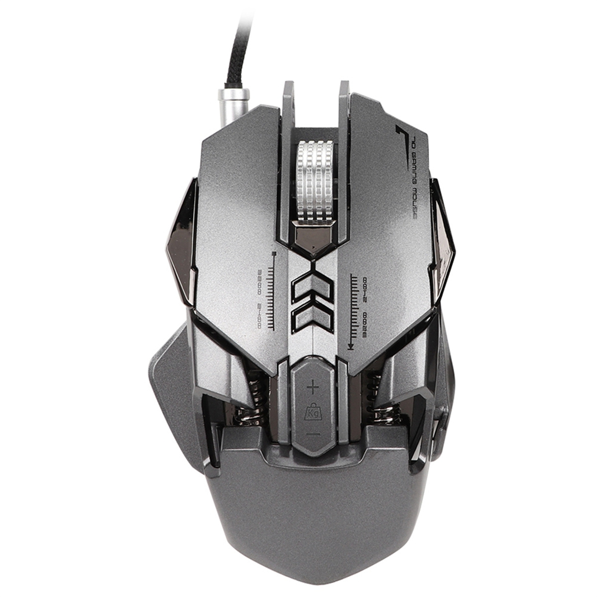 Gaming-Maus, graue Farbe, mit vielen Tasten und einem Scrollrad. Schwarzes Kabel befestigt.