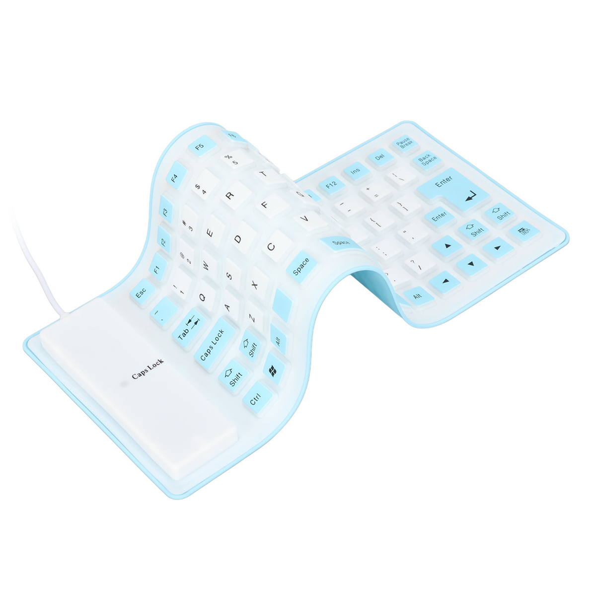Flexibel, hellblaue Tastatur. Weiße Tasten, geschwungenes Design. Layout mit Buchstaben und Zahlen.