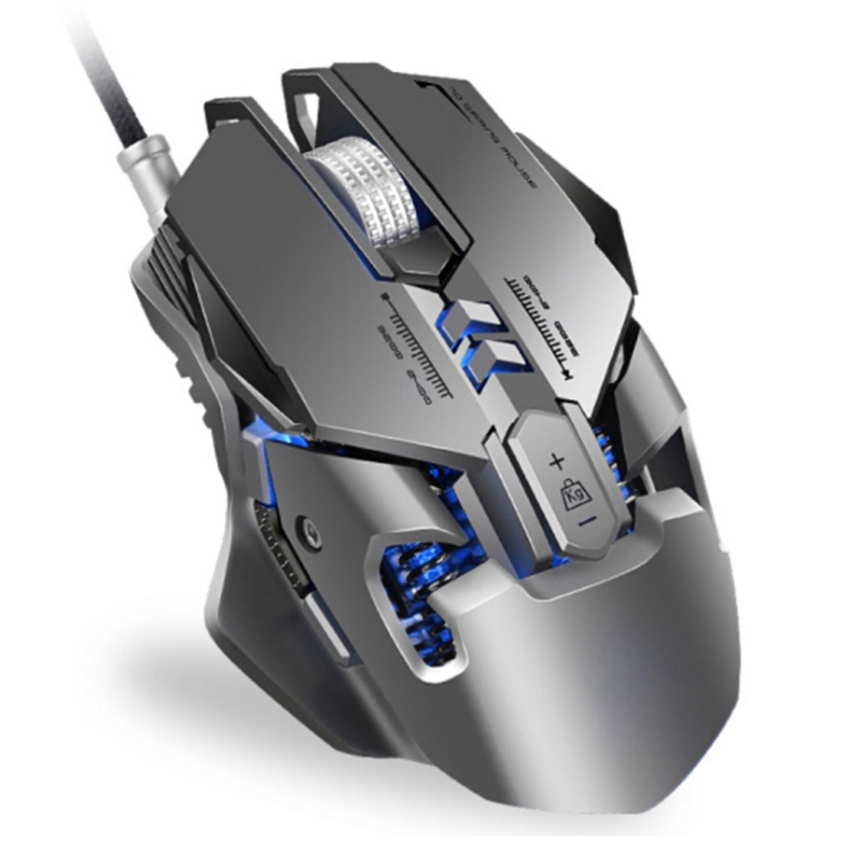 Eine graue Gaming-Maus mit blauen Lichtern. Sie hat mehrere Tasten, ein Scrollrad und ein angeschlossenes USB-Kabel.