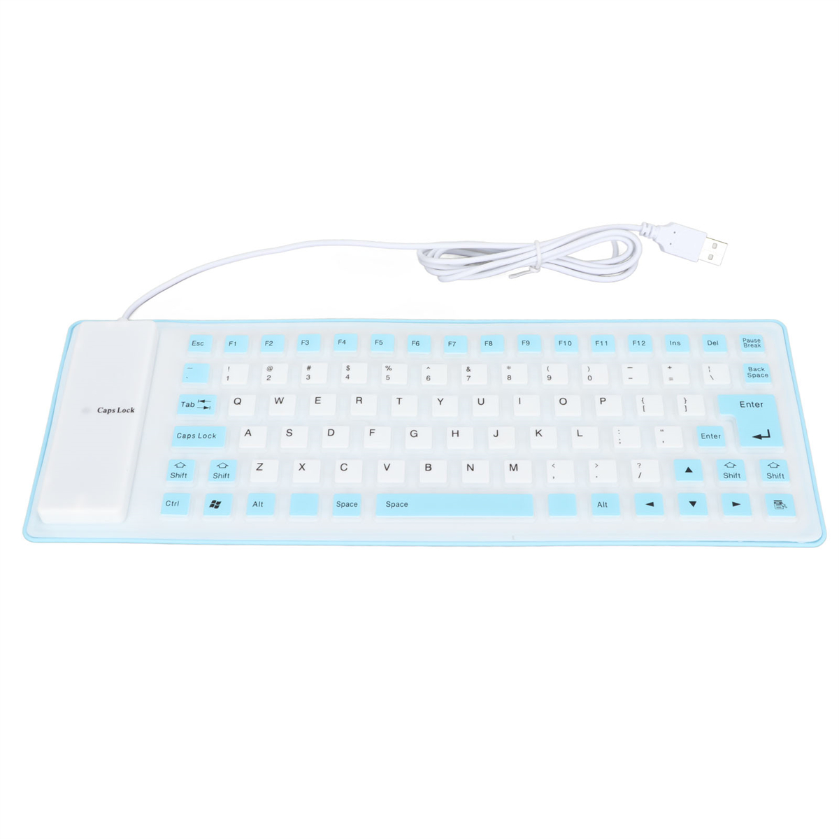 Flexible weiße Tastatur mit blauen Tasten und USB-Kabel. Die Tasten sind blau umrandet.