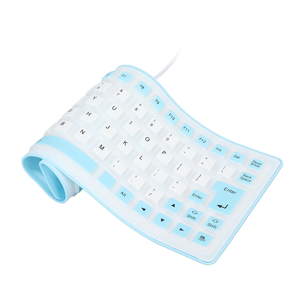 Eine flexible Tastatur, blau und weiß, liegt auf einer weißen Oberfläche, Tasten sichtbar.