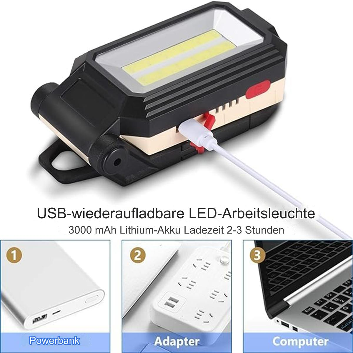 USB-wiederaufladbare LED-Arbeitsleuchte mit Powerbank, Adapter und Laptop. Die Artikel sind zum Aufladen angeordnet.