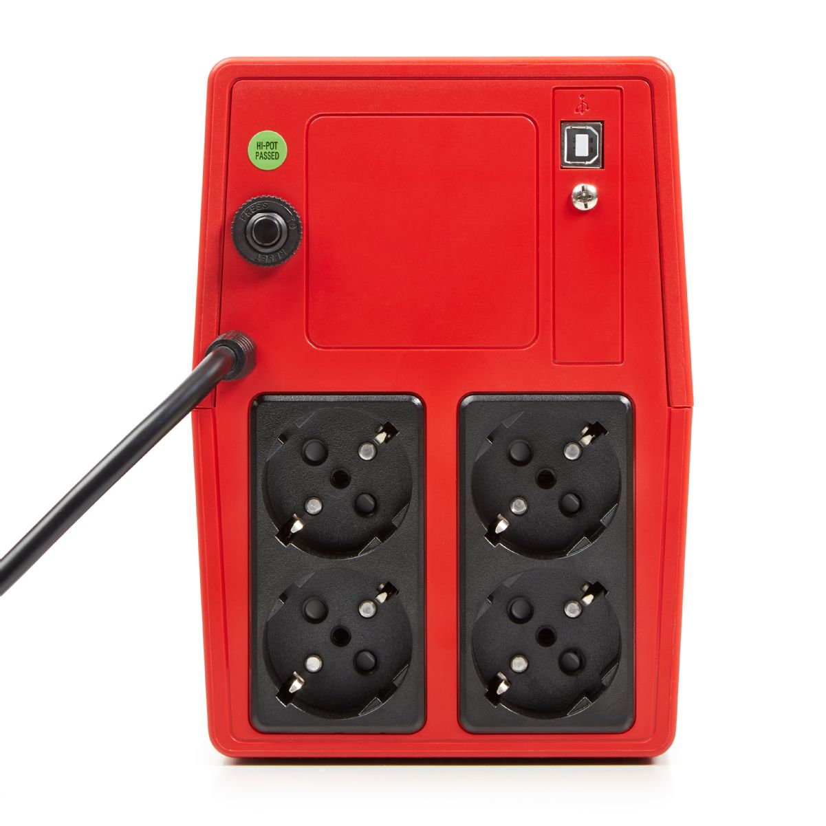 Fuente de alimentación roja con cuatro enchufes y puerto USB. Fondo blanco.
