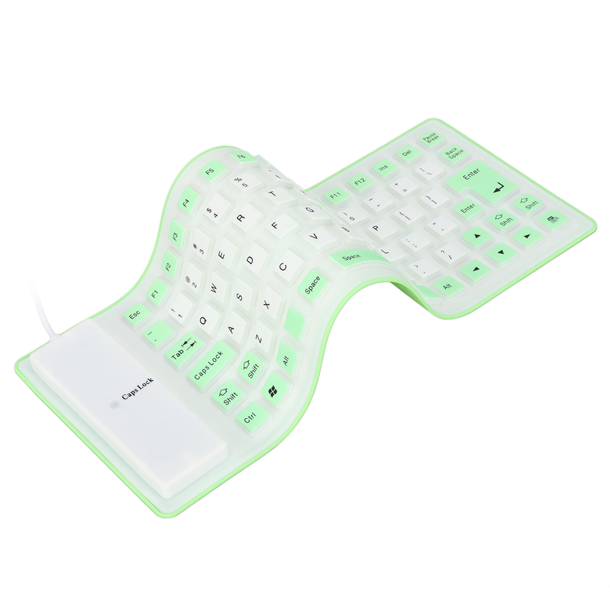 Flexible, grüne Tastatur. Tasten sind weiß mit schwarzen Buchstaben. Kabel ist weiß.