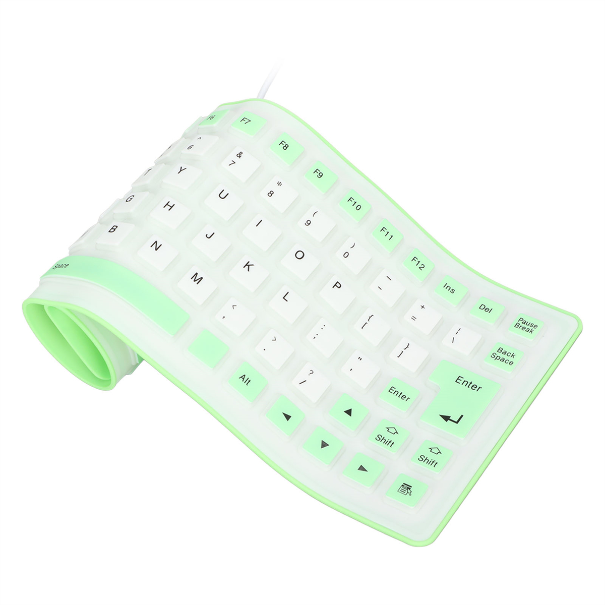 Eine flexible Tastatur in Grün und Weiß. Die Tastatur hat weiße Tasten mit grüner Beschriftung und einen grünen Rand.