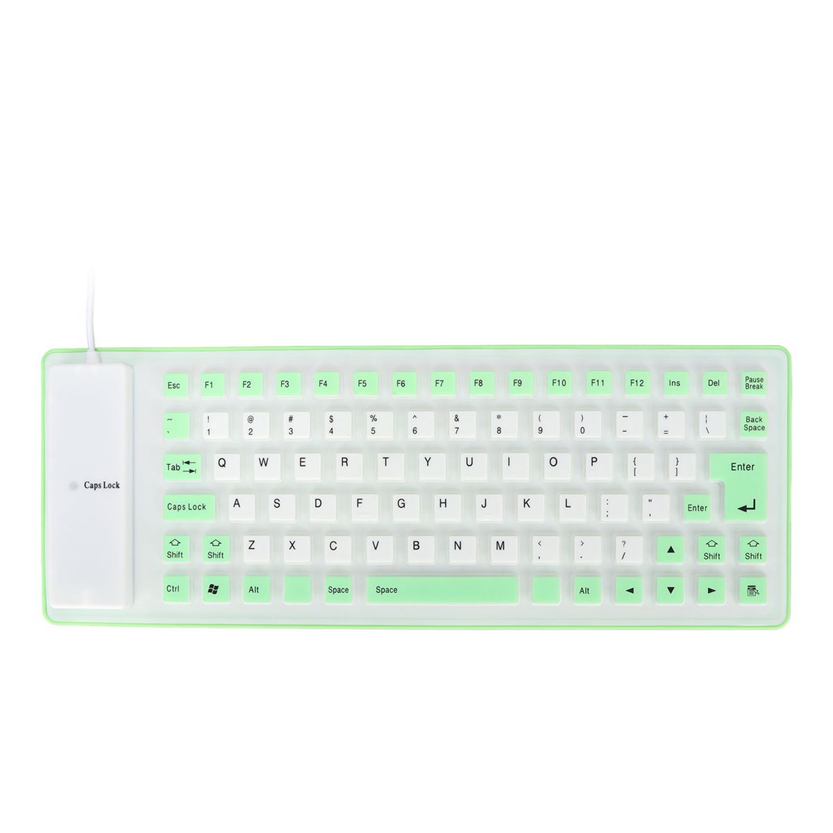 Weiße und grüne Tastatur. Die Tasten sind weiß mit grüner Beschriftung.