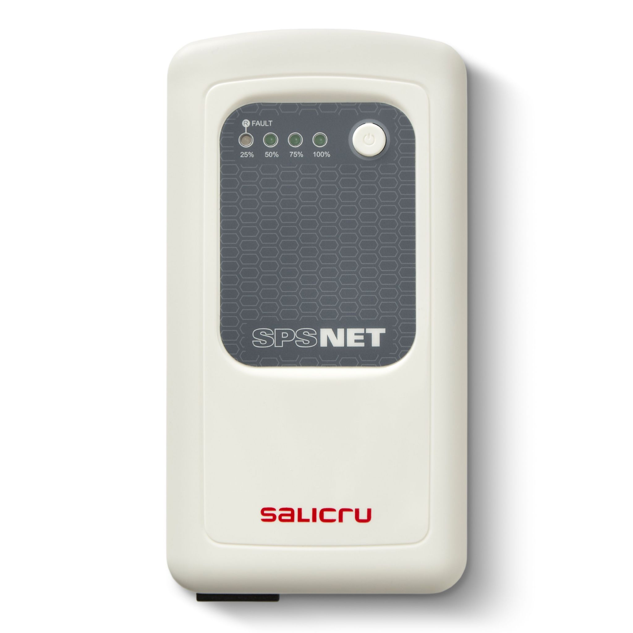 Fuente de alimentación blanca con luces indicadoras. Dice 'SPSNET' y 'salicru'.