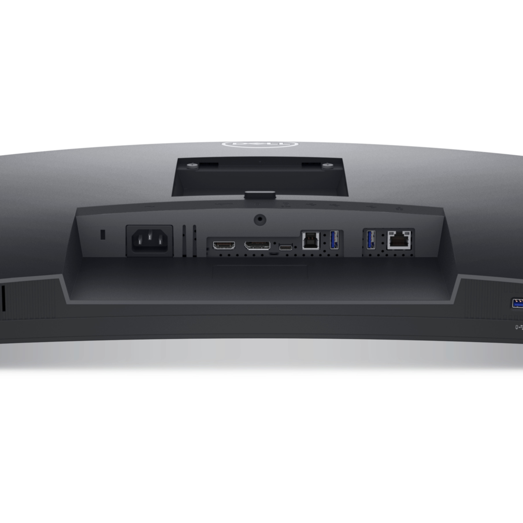 Tył zakrzywionego monitora komputera z różnymi portami: zasilania, HDMI, USB i Ethernet. Znajduje się na białej powierzchni.