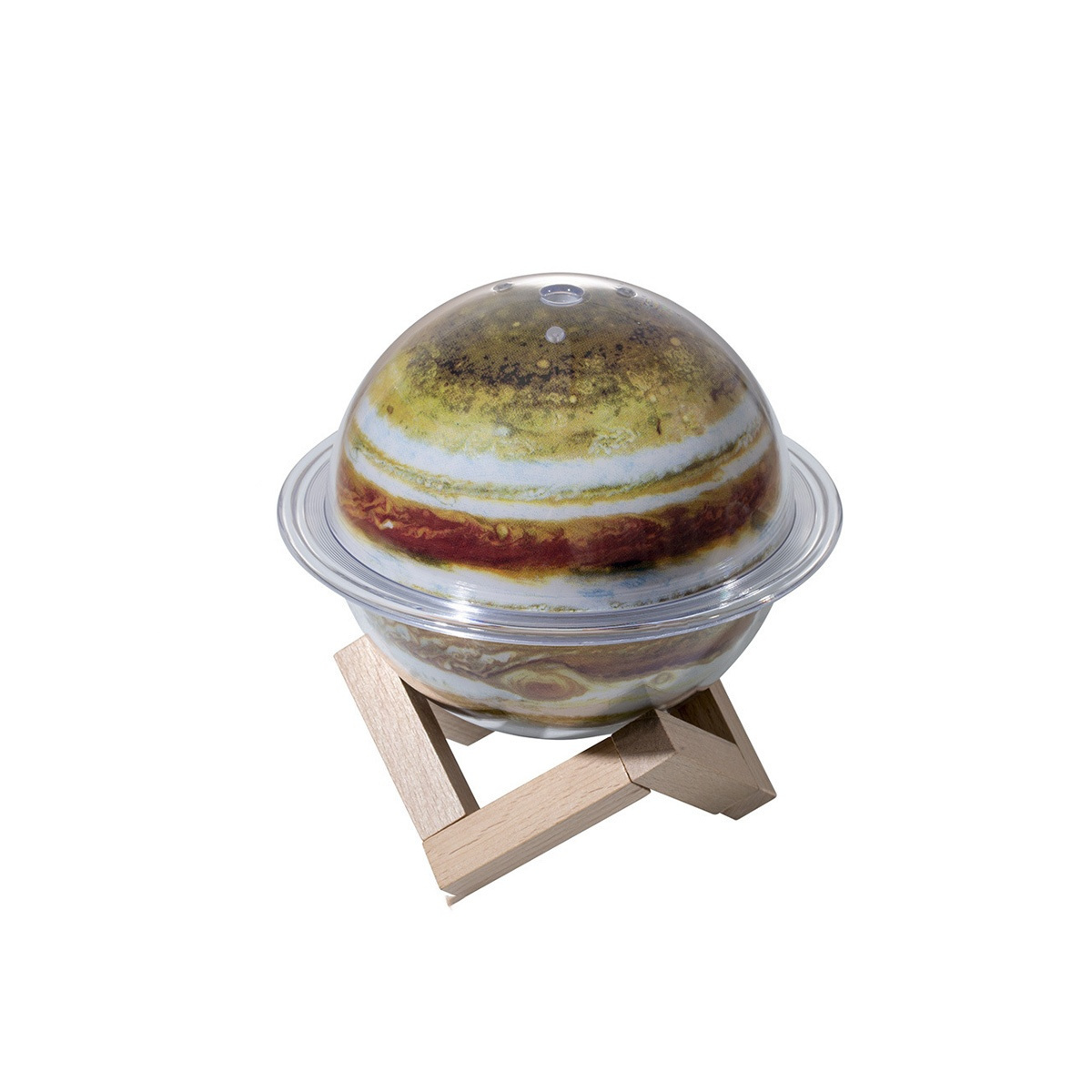 Ein planetenförmiger Luftbefeuchter in einer durchsichtigen Schüssel mit Holzständer. Es hat Jupiter Design.