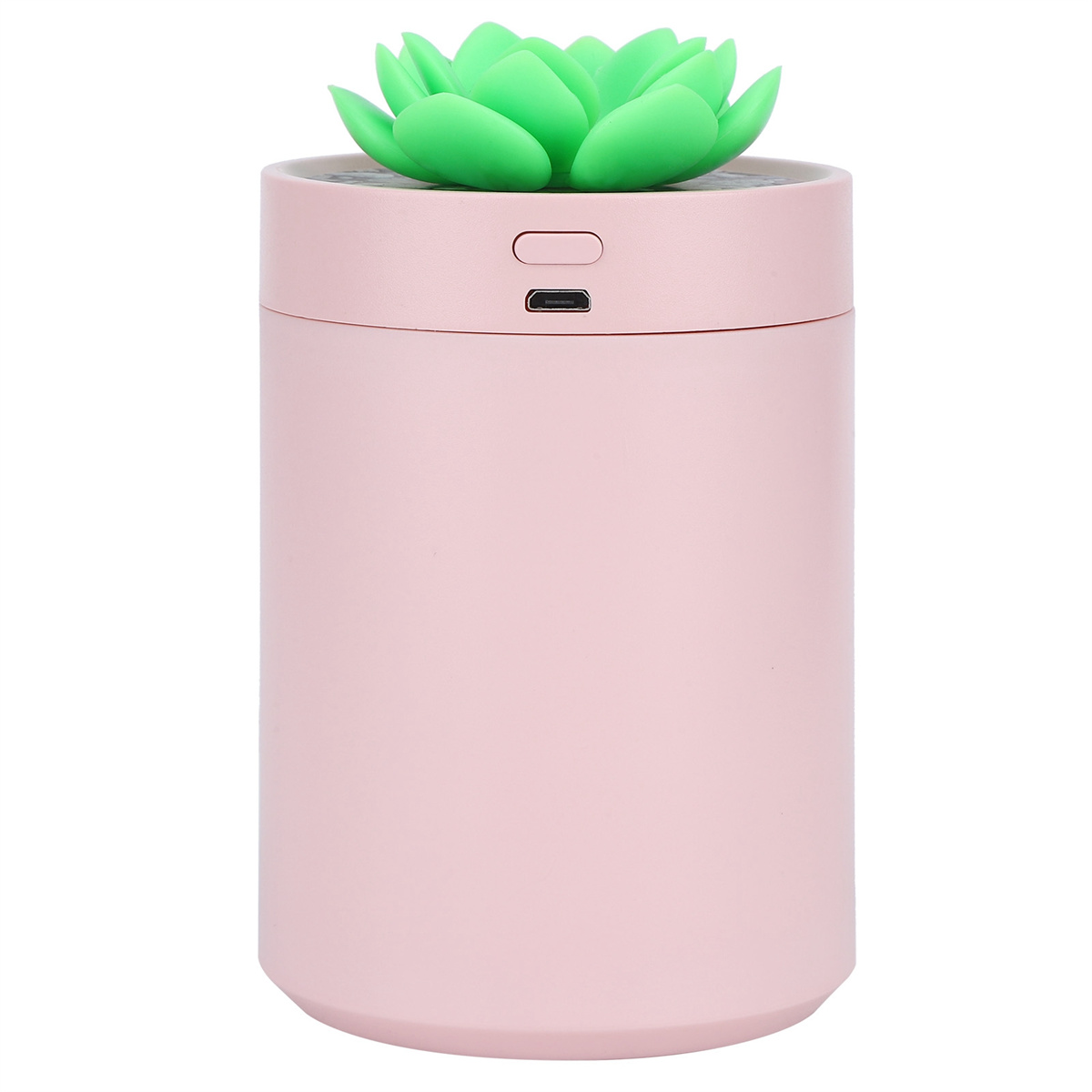 Rosa zylindrischer Luftbefeuchter mit einer grünen Sukkulenten oben und USB-Anschluss.